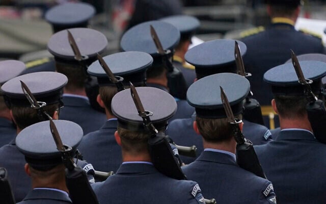 Members of the Royal Air Force Regiment take part in the V-E Day 80th anniversary parade in London, May 5, 2025. (AP/Alberto Pezzali, Pool) Members of the Royal Air Force Regiment take part in the V-E Day 80th anniversary parade in London, May 5, 2025. (AP/Alberto Pezzali, Pool)