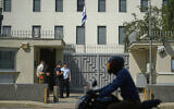Illustrative: Russian policemen stand in front of the Israeli Embassy in Moscow, Russia, June 16, 2025. (AP Photo/Pavel Bednyakov)