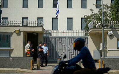 Illustrative: Russian policemen stand in front of the Israeli Embassy in Moscow, Russia, June 16, 2025. (AP Photo/Pavel Bednyakov)