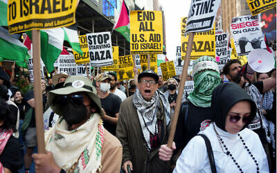 Illustrative: Anti-Israel protesters rally in New York's Times Square, September 26, 2025. (AP Photo/Angelina Katsanis) Illustrative: Anti-Israel protesters rally in New York's Times Square, September 26, 2025. (AP Photo/Angelina Katsanis)