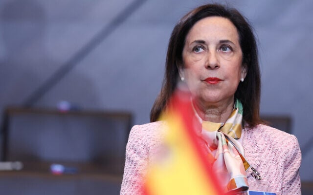 Spain's Defense Minister Margarita Robles waits for the start of a meeting of the North Atlantic Council in defense ministers format at NATO headquarters in Brussels, Belgium, October 15, 2025. (AP Photo/Omar Havana)