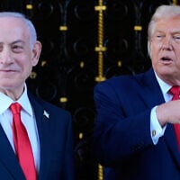 US President Donald Trump, right, speaks to reporters as he greets Prime Minister Benjamin Netanyahu at the president's Mar-a-Lago club in Palm Beach, Florida, on December 29, 2025. (AP/Alex Brandon)