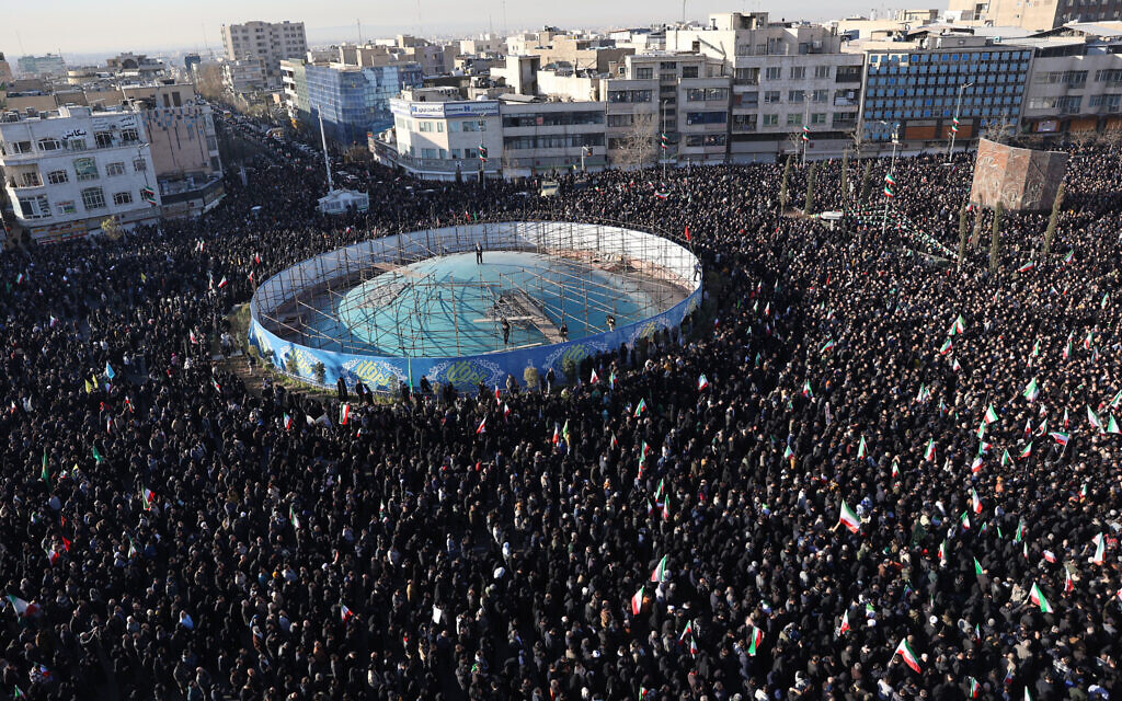 Government supporters gather in mourning after state TV officially announced the death of Iranian Supreme Leader Ayatollah Ali Khamenei, in Tehran, Iran, Sunday, March 1, 2026. (AP/Vahid Salemi)