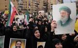 Hezbollah supporters shout slogans as they gather to mourn the death of Iranian Supreme Leader Ayatollah Ali Khamenei in the southern suburb of Beirut, Lebanon, March 1, 2026. (Hassan Ammar/AP)