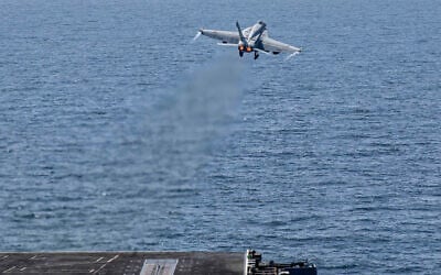 This image provided by US Central Command shows a F/A-18E Super Hornet launching from the USS Abraham Lincoln (CVN 72) for a mission in support of Operation Epic Fury, February 28, 2026. (US Navy via AP) This image provided by US Central Command shows a F/A-18E Super Hornet launching from the USS Abraham Lincoln (CVN 72) for a mission in support of Operation Epic Fury, February 28, 2026. (US Navy via AP)