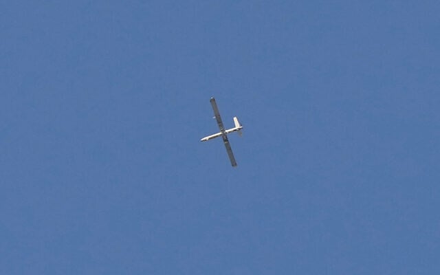 An Israeli drone flies over Dahiyeh, a southern suburb of Beirut, Lebanon, March 2, 2026. (AP Photo/Hassan Ammar)