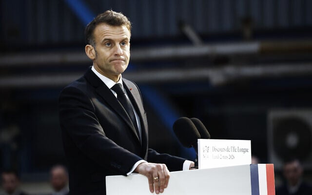 French President Emmanuel Macron delivers a speech next to the submarine 'Le Temeraire' at the nuclear submarines' Navy base of Ile Longue in Crozon, France, March 2, 2026. (Yoan Valat/Pool Photo via AP) French President Emmanuel Macron delivers a speech next to the submarine 'Le Temeraire' at the nuclear submarines' Navy base of Ile Longue in Crozon, France, March 2, 2026. (Yoan Valat/Pool Photo via AP)