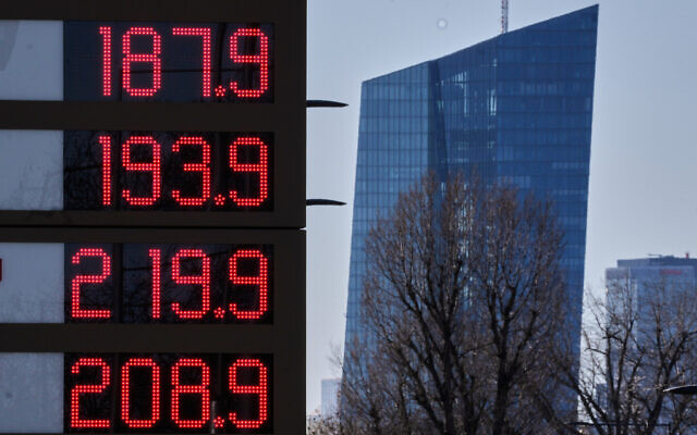 Gas prizes are displayed at a gas station with the European Central Bank in background in Frankfurt, Germany, March 2, 2026. (AP/Michael Probst) Gas prizes are displayed at a gas station with the European Central Bank in background in Frankfurt, Germany, March 2, 2026. (AP/Michael Probst)