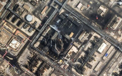 This satellite image provided by Vantor shows firefighting crews working to contain a fire and damage after a drone attack at Ras Tanura oil refinery, in Saudi Arabia, Monday, March 2, 2026. (Satellite image ©2026 Vantor via AP)