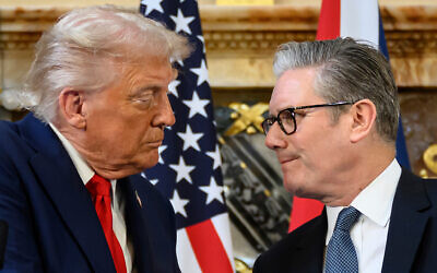 US President Donald Trump, left, and British Prime Minister Keir Starmer look at each other as they shake hands during a press conference at Chequers near Aylesbury, England, September 18, 2025. (Leon Neal/Pool Photo via AP)