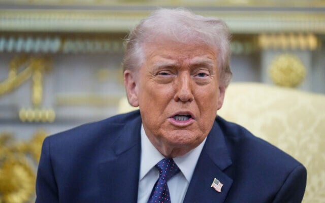 US President Donald Trump speaks during a meeting with German Chancellor Friedrich Merz in the Oval Office at the White House, Tuesday, March 3, 2026, in Washington. (AP/Mark Schiefelbein)
