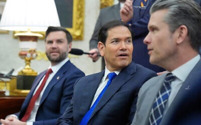 From left, US Vice President JD Vance, US Secretary of State Marco Rubio and US Defense Secretary Pete Hegseth attend a meeting in the Oval Office at the White House, in Washington, March 3, 2026. (Mark Schiefelbein/AP)