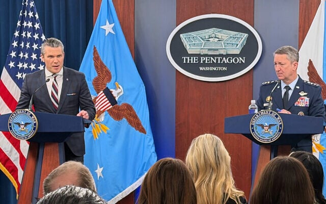 US War Secretary Pete Hegseth and Chairman of the Joint Chiefs of Staff Gen. Dan Caine, speak during a press briefing at the Pentagon, March 4, 2026, in Washington. (AP/Konstantin Toropin) US War Secretary Pete Hegseth and Chairman of the Joint Chiefs of Staff Gen. Dan Caine, speak during a press briefing at the Pentagon, March 4, 2026, in Washington. (AP/Konstantin Toropin)