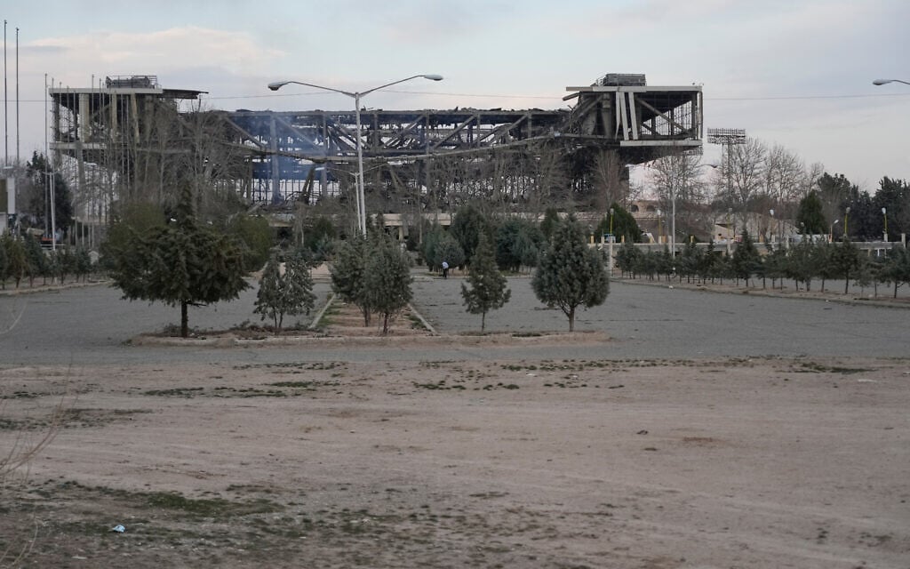 The damaged 12,000-seat Azadi indoor stadium is seen after being struck during ongoing U.S.–Israeli military strikes in Tehran, Iran, Thursday, March 5, 2026. (AP Photo/Vahid Salemi)