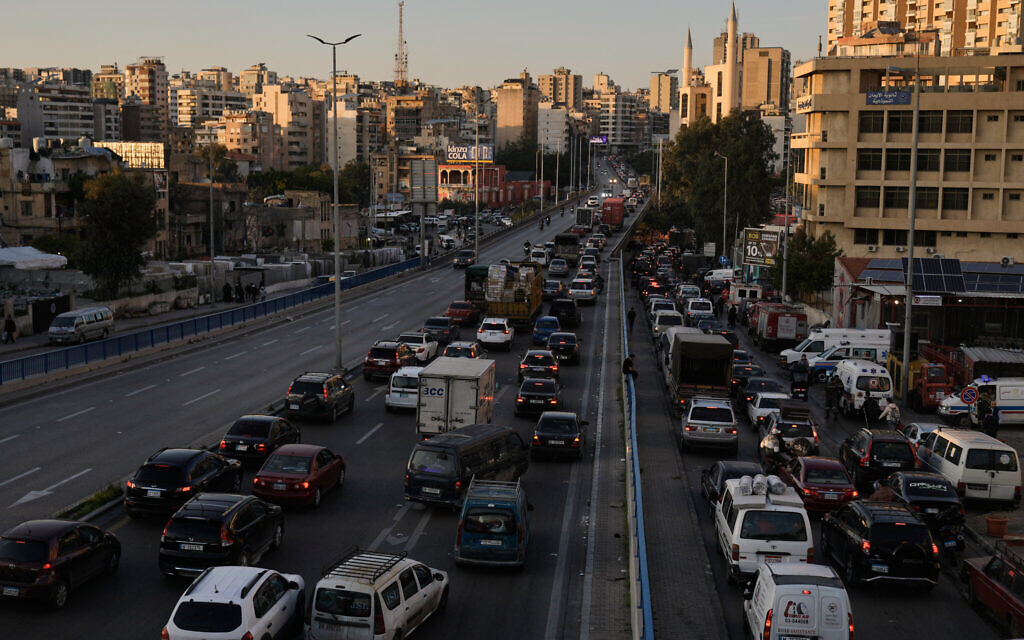 Cars sit in traffic on a highway as residents flee ahead of Israeli airstrikes Beirut's southern suburbs, Lebanon, Thursday, March 5, 2026. (AP/Bilal Hussein)