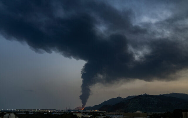 Fire and a plume of smoke is visible after, according to authorities, debris of an Iranian intercepted drone hit the Fujairah oil facility, in Fujairah, United Arab Emirates, March 3, 2026. (Altaf Qadri/AP) Fire and a plume of smoke is visible after, according to authorities, debris of an Iranian intercepted drone hit the Fujairah oil facility, in Fujairah, United Arab Emirates, March 3, 2026. (Altaf Qadri/AP)