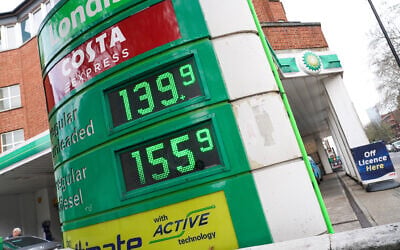 Prices are displayed at a gas station in London, March 9, 2026. (AP Photo/Alberto Pezzali)