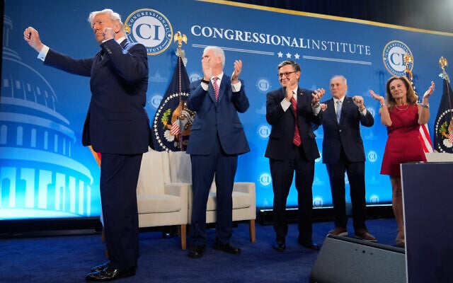US President Donald Trump dances as Rep. Tom Emmer, R-Minn., House Speaker Mike Johnson of La., Rep. Steve Scalise, R-La., and Rep. Lisa McClain, R-Mich., applaud at the Republican Members Issues Conference, Monday, March 9, 2026, at Trump National Doral Miami in Doral, Fla. (AP Photo/Mark Schiefelbein) US President Donald Trump dances as Rep. Tom Emmer, R-Minn., House Speaker Mike Johnson of La., Rep. Steve Scalise, R-La., and Rep. Lisa McClain, R-Mich., applaud at the Republican Members Issues Conference, Monday, March 9, 2026, at Trump National Doral Miami in Doral, Fla. (AP Photo/Mark Schiefelbein)