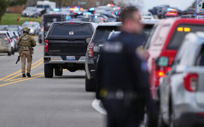 Law enforcement respond to Temple Israel synagogue in West Bloomfield Township, Michigan, March 12, 2026. (AP Photo/Paul Sancya)