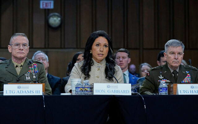 US Director of National Intelligence Tulsi Gabbard (center) testifies before the US Senate Committee on Intelligence hearings to examine worldwide threats on Capitol Hill, March 18, 2026, in Washington, DC. (AP/Jose Luis Magana)