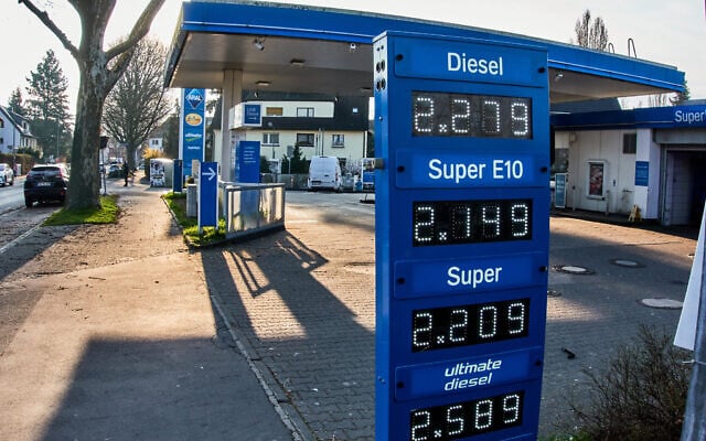 Fuel prices are displayed at a gas station in Frankfurt, Germany, March 19, 2026. (AP Photo/Michael Probst)