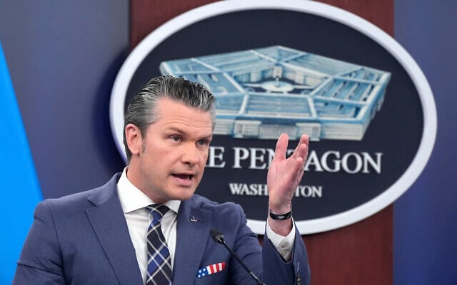 US Defense Secretary Pete Hegseth speaks to members of the media during a press briefing at the Pentagon in Washington, March 19, 2026. (Manuel Balce Ceneta/AP) US Defense Secretary Pete Hegseth speaks to members of the media during a press briefing at the Pentagon in Washington, March 19, 2026. (Manuel Balce Ceneta/AP)