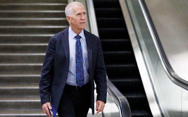 US Senator Thom Tillis, a Republican from North Carolina, descends an stairwell after a vote at the Capitol, March 20, 2026, in Washington. (AP Photo/Tom Brenner)
