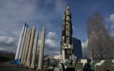 Iran's domestically built missiles and satellite carriers are displayed in a permanent exhibition at a recreational area in northern Tehran, Iran, March 24, 2026. (AP Photo/Vahid Salemi)