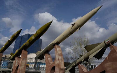 Illustrative: Domestically built Iranian missiles are displayed as part of a permanent exhibition in a recreational area of northern Tehran, Iran, March 24, 2026. (AP Photo/Vahid Salemi)