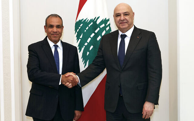 Lebanese President Joseph Aoun, right, shakes hands with Egyptian Foreign Minister Badr Abdelatty in Baabda, east of Beirut, Lebanon, March 26, 2026. (Lebanese Presidency press office via AP)