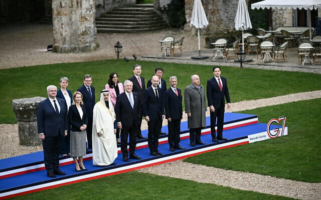 From Left: Ukraine's Foreign Minister Andriy Sybiga, EU High Representative and Vice-President for Foreign Affairs and Security Policy Kaja Kallas, Britain's Foreign Secretary Yvette Cooper, Saudi Arabia's Foreign Minister Faisal bin Farhan, Germany's Foreign Minister Johann Wadephul, Italy's Foreign Minister Antonio Tajani, Canada's Foreign Minister Anita Anand, France's Foreign Affairs Minister Jean-Noel Barrot, South Korea's Foreign Minister Cho Hyun, India's Foreign Minister Subrahmanyam Jaishankar, Japan's Foreign Minister Toshimitsu Motegi, Brazil's Foreign Minister Mauro Vieira and and US Secretary of State Marco Rubio pose for a family picture during a G7 Foreign Ministers' meeting at the Vaux-de-Cernay Abbey in Cernay-la-Ville outside Paris, France, March 27, 2026. (Brendan Smialowski/Pool Photo via AP) From Left: Ukraine's Foreign Minister Andriy Sybiga, EU High Representative and Vice-President for Foreign Affairs and Security Policy Kaja Kallas, Britain's Foreign Secretary Yvette Cooper, Saudi Arabia's Foreign Minister Faisal bin Farhan, Germany's Foreign Minister Johann Wadephul, Italy's Foreign Minister Antonio Tajani, Canada's Foreign Minister Anita Anand, France's Foreign Affairs Minister Jean-Noel Barrot, South Korea's Foreign Minister Cho Hyun, India's Foreign Minister Subrahmanyam Jaishankar, Japan's Foreign Minister Toshimitsu Motegi, Brazil's Foreign Minister Mauro Vieira and and US Secretary of State Marco Rubio pose for a family picture during a G7 Foreign Ministers' meeting at the Vaux-de-Cernay Abbey in Cernay-la-Ville outside Paris, France, March 27, 2026. (Brendan Smialowski/Pool Photo via AP)