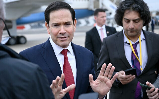 US Secretary of State Marco Rubio speaks to the press at the Bourget airport in Le Bourget, outside Paris, France, March 27, 2026. (Brendan Smialowski/Pool Photo via AP)