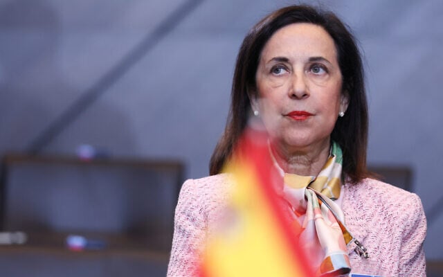 Spain's Defense Minister Margarita Robles waits for the start of a meeting of the North Atlantic Council in defense ministers format at NATO headquarters in Brussels, October 15, 2025. (Omar Havana/AP) Spain's Defense Minister Margarita Robles waits for the start of a meeting of the North Atlantic Council in defense ministers format at NATO headquarters in Brussels, October 15, 2025. (Omar Havana/AP)