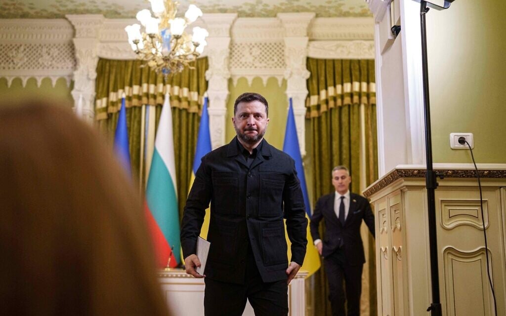 Ukraine's President Volodymyr Zelenskyy walks after a joint press conference with Bulgaria's Prime Minister Andrey Gyurov in Kyiv, Ukraine, March 30, 2026. (AP/Evgeniy Maloletka)
