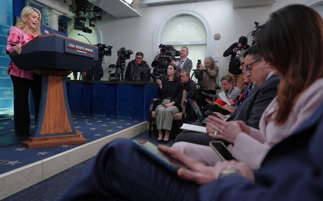 White House press secretary Karoline Leavitt speaks with reporters in the James Brady Press Briefing Room at the White House, March 30, 2026, in Washington, DC. (AP/Alex Brandon)