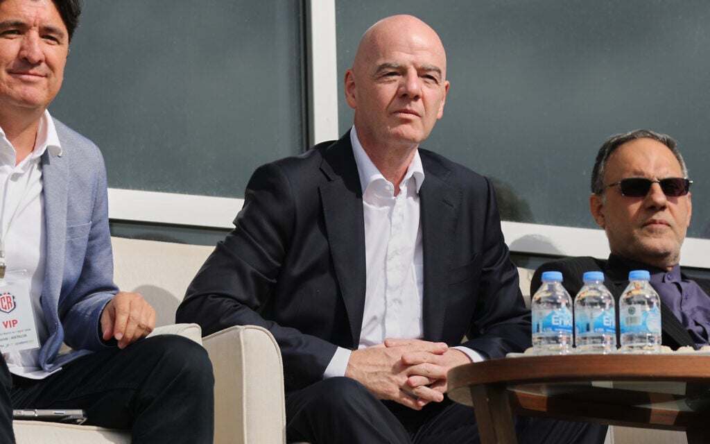 FIFA President Gianni Infantino, (center) follows a friendly soccer match between Iran and Costa Rica, in Antalya, southern Turkey, March 31, 2026. (AP/Riza Ozel) FIFA President Gianni Infantino, (center) follows a friendly soccer match between Iran and Costa Rica, in Antalya, southern Turkey, March 31, 2026. (AP/Riza Ozel)