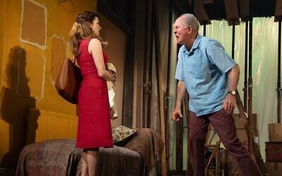 John Lithgow, as Roald Dahl, confronts Aya Cash, playing an American Jewish sales director at Farrar Strauss Giroux, in 'Giant.' (Joan Marcus via JTA)