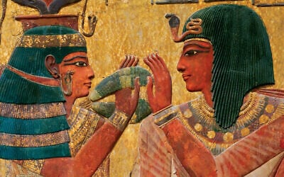 Detail from the cover of 'Echoes of Egypt: A Haggada,' curated by Bar-Ilan University Prof. Joshua Berman and published by Koren. The image on the cover shows a relief of Pharaoh Seti I (13th century BCE) and the goddess Hathor 'face to face,' from the tomb of Sethi I. (Koren)