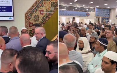 Prime Minister Anthony ​Albanese meets community leaders as he is heckled by some in the crowd at Lakemba Mosque in western Sydney on March 20, 2026 (Screen grab/Sydney Morning Herald)