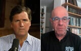 Right-wing pundit Tucker Carlson (l) hosts Israeli leftist, former interim president and former speaker of the Knesset, Avraham Burg, on his program, March 23, 2026. (Screenshot via YouTube)