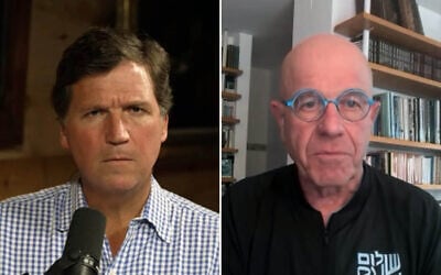 Right-wing pundit Tucker Carlson (l) hosts Israeli leftist, former interim president and former speaker of the Knesset, Avraham Burg, on his program, March 23, 2026. (Screenshot via YouTube)