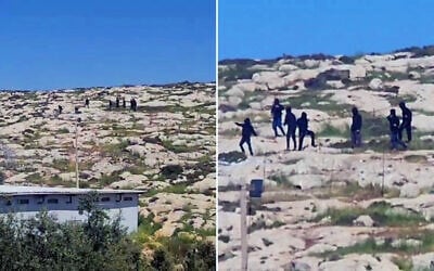 Screenshot of a video showing extremist settlers throwing stones and hurl rocks with slingshots towards villagers in the Palestinian village of Mukhmas in the northern West Bank on March 28, 2026. (Torat Tzedek)