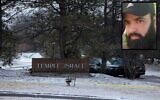 Law enforcement vehicles are seen parked outside Temple Israel in West Bloomfield, Michigan, on March 13, 2026, a day after a ramming and shooting attack on the Jewish house of worship; inset, suspect Ayman Ghazali. (Jeff Kowalsky/AFP; X, used in accordance with clause 27a of the copyright law)