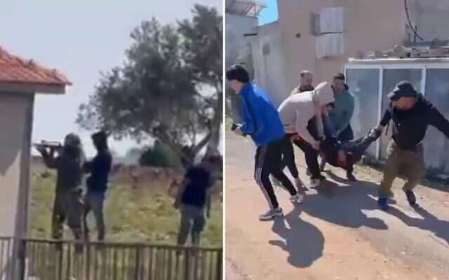 Left to right: settlers are seen in the Palestinian village of Qaryut, one of whom trains an assault rifle on an off-camera target, near Nablus in the northern West Bank, March 2, 2026; Palestinians carry a man bleeding from his head following the alleged settler attack in Qaryut. (X screenshots; used in accordance with Clause 27a of the Copyright Law)