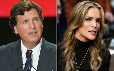 Tucker Carlson (left) speaks at a memorial for Charlie Kirk, September 21, 2025, in Glendale, Arizona. (AP/Ross D. Franklin, File); Megyn Kelly at the Capitol in Washington, DC, January 14, 2025. (AP/Alex Brandon)