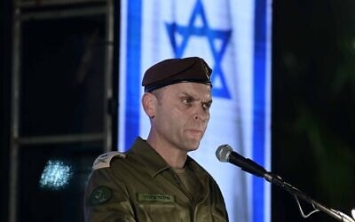 Maj. Gen. Shlomi Binder speaks at the IDF Intelligence headquarters at the Glilot Base near Herzliya, August 21, 2024. (Tomer Neuberg/Flash90/File)