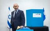Prime Minister Benjamin Netanyahu and his wife Sara (not pictured) cast their vote during the elections for the Likud Central Committee, at the International Convention Center in Jerusalem, November 25, 2025. (Chaim Goldberg/Flash90)