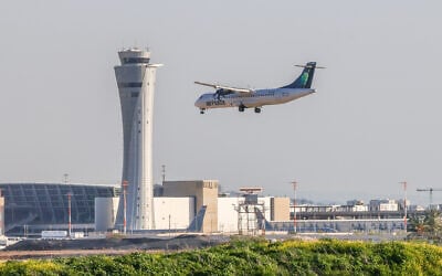 An Air Haifa airplane lands at Ben Gurion International Airport near Tel Aviv, March 5, 2026. (Yossi Aloni/ Flash90) An Air Haifa airplane lands at Ben Gurion International Airport near Tel Aviv, March 5, 2026. (Yossi Aloni/ Flash90)