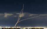 Interceptor missiles are fired at Iranian ballistic missiles over central Israel, March 9, 2026. (Yossi Aloni/Flash90)