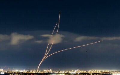Interceptor missiles are fired at Iranian ballistic missiles over central Israel, March 9, 2026. (Yossi Aloni/Flash90) Interceptor missiles are fired at Iranian ballistic missiles over central Israel, March 9, 2026. (Yossi Aloni/Flash90)